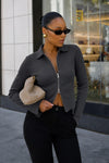 Polo Neck Dual-Zip Grey Knit Blouse