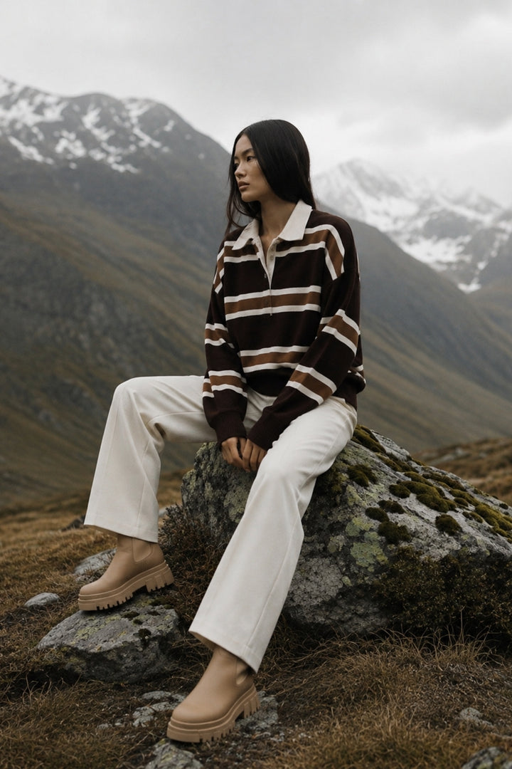 Striped Buttoned Polo Collar Beige Knit Blouse