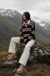 Striped Buttoned Polo Collar Beige Knit Blouse