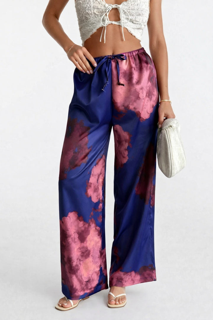 Bel Lastikli Desenli Saten Lacivert Pantolon