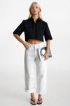 Cep Detay Yarım Kol Crop Keten Siyah Gömlek