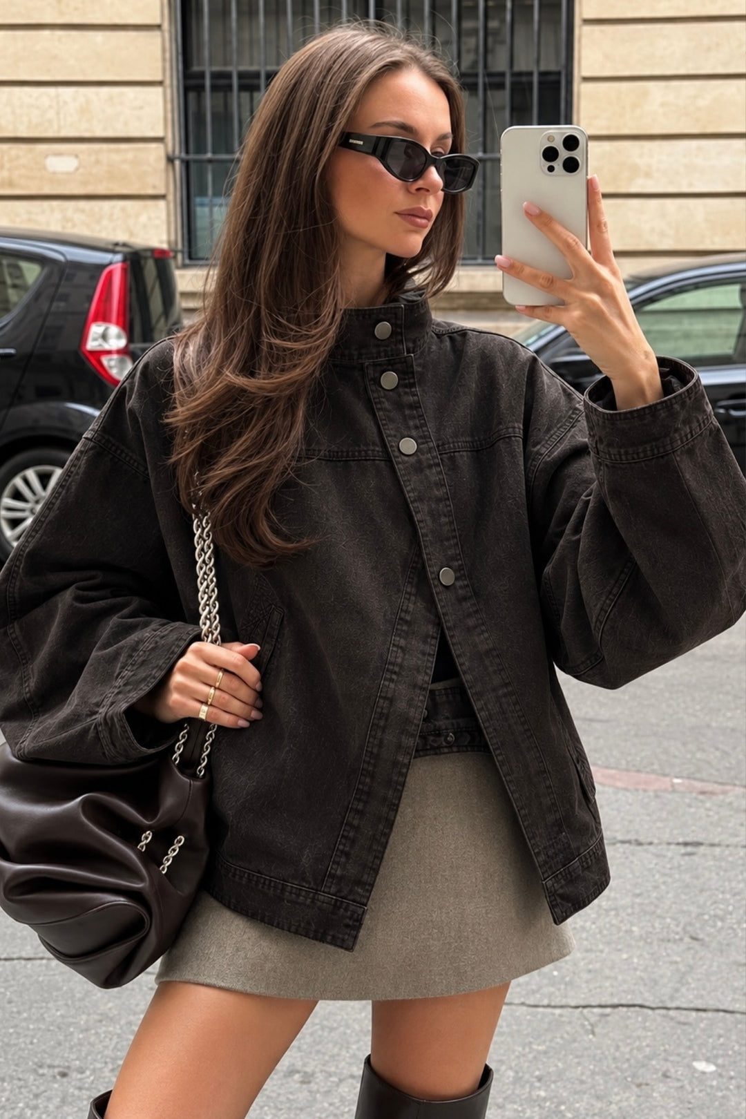 Dik Yaka Asimetrik Düğme Detay Kahverengi Denim Ceket