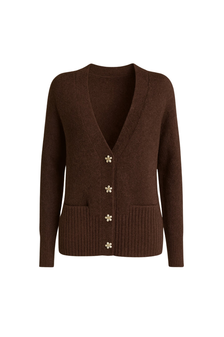 Aksesuar Detay V Yaka Kahverengi Triko Hırka