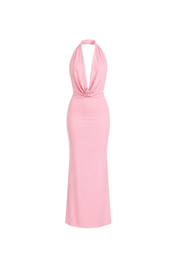 Şal Yaka Dekolte Maxi Pembe Elbise