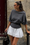 Kemer Detay Kısa Kol Kayık Yaka Antrasit Triko Bluz