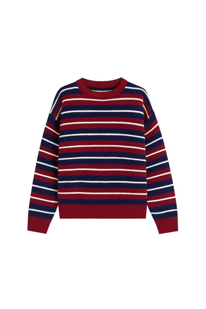 Bisiklet Yaka Çizgili Triko Bordo Bluz