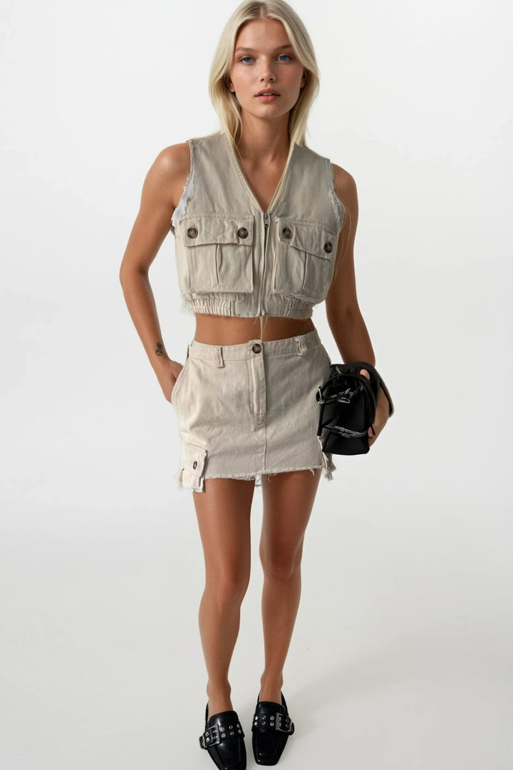 Yüksek Bel Astarlı Düğmeli Mini Taş Etek