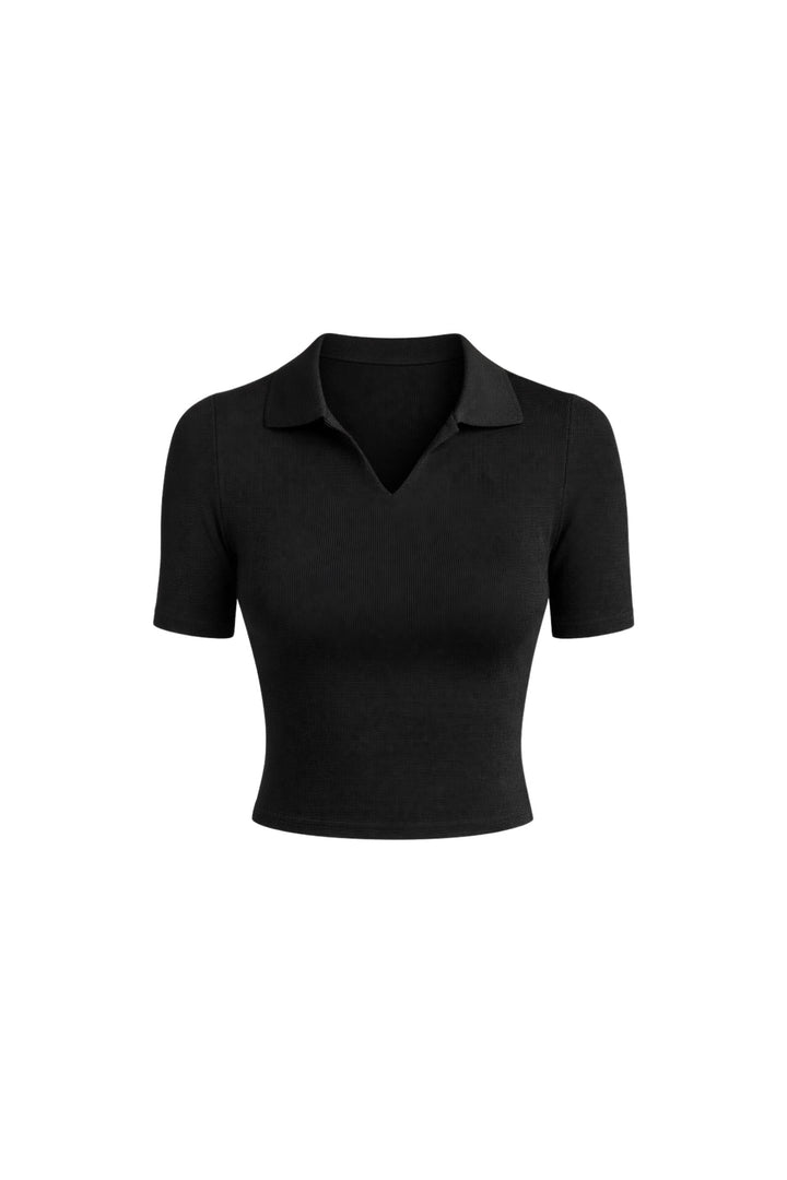 Polo Yaka Siyah Triko Crop Bluz