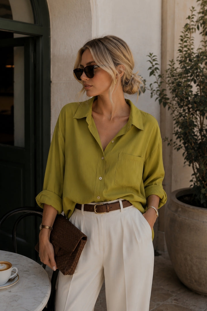 Cep Detay Basic Oversize Yeşil Gömlek