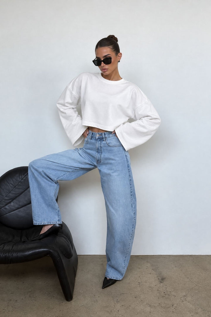 Geniş Kol Bisiklet Yaka Beyaz Basic Sweatshirt