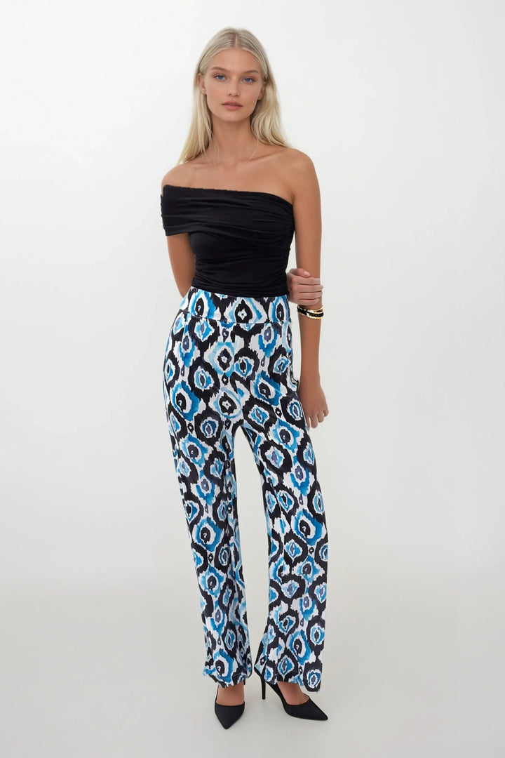 Desenli Saten Mavi Pantolon