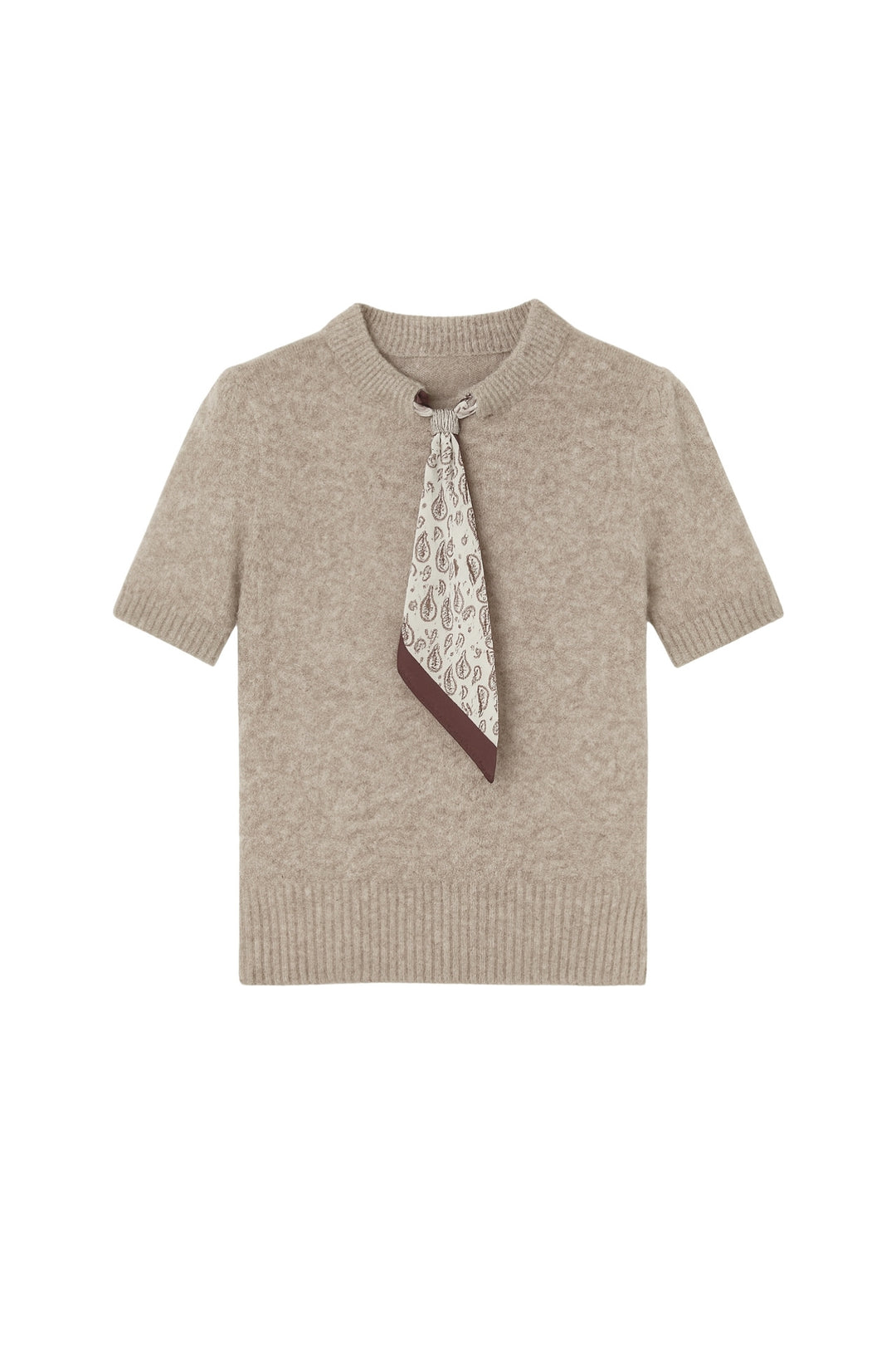 Fular Detay Yarım Kol Bej Triko Bluz