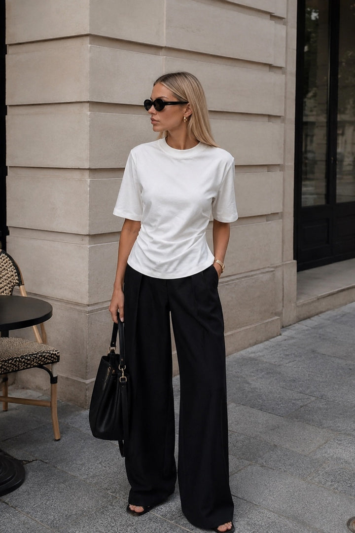 Bel Büzgülü Basic Beyaz T-Shirt