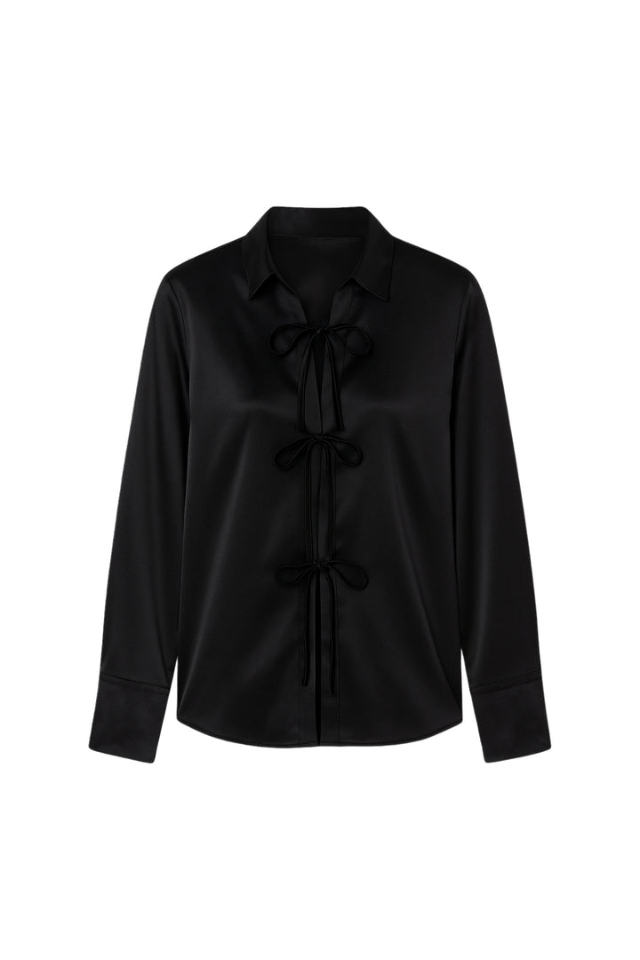 Bağlama Detay Saten Siyah Gömlek