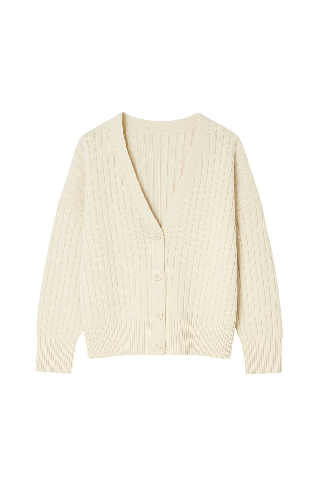 Düğmeli V Yaka Ekru Triko Hırka