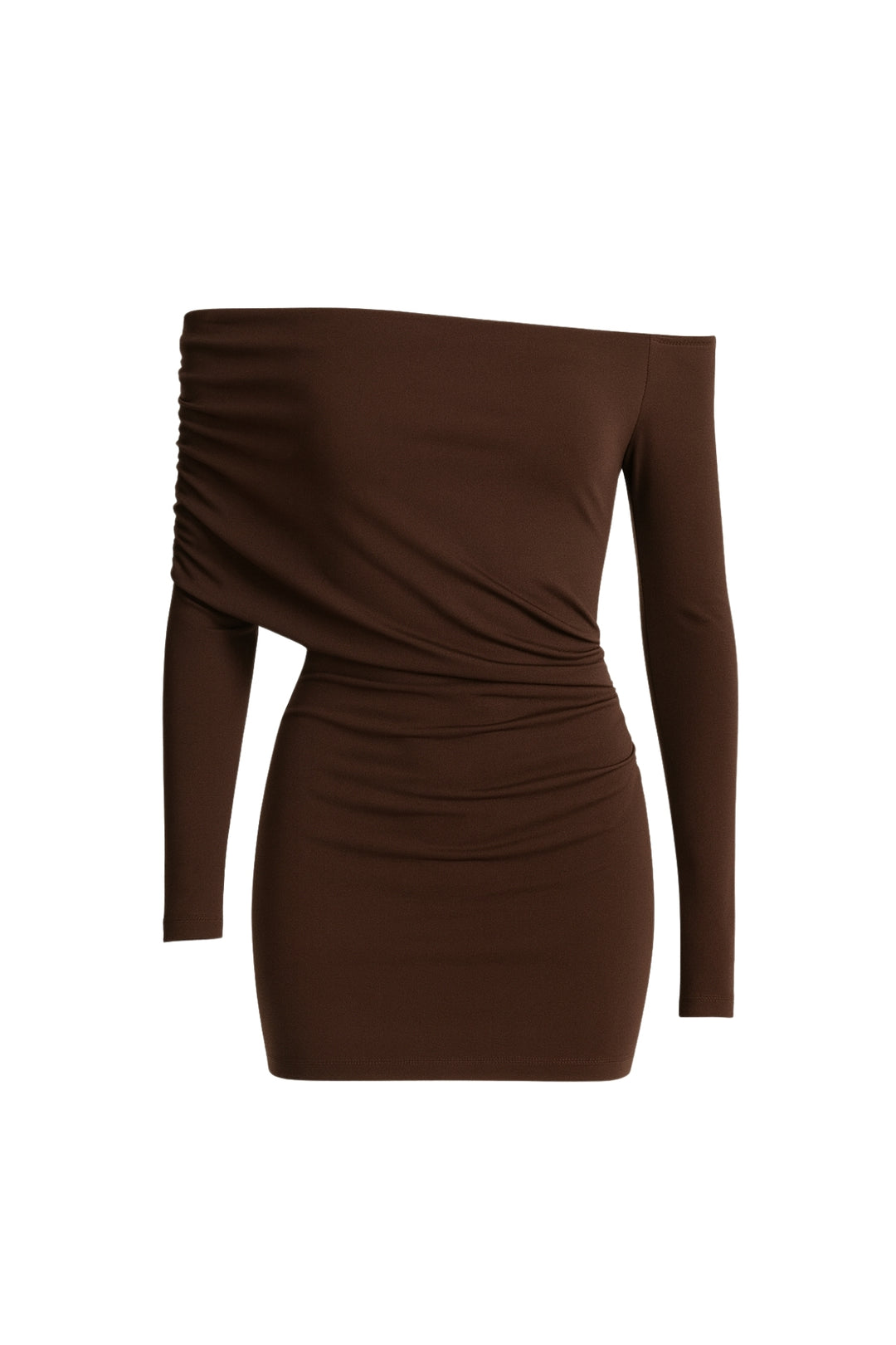Büzgü Detay Kahverengi Straplez Mini Elbise