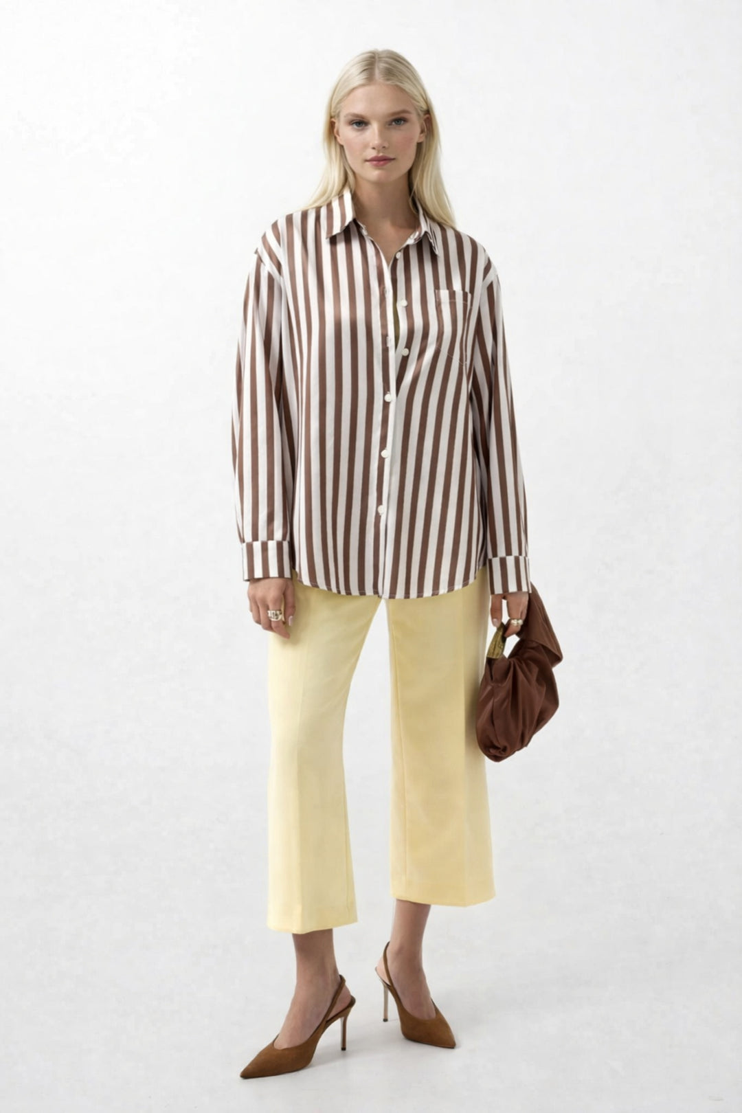 Çizgili Saten Kahverengi Gömlek