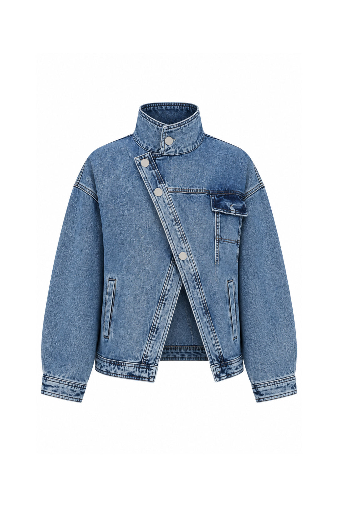 Dik Yaka Asimetrik Düğme Detay Mavi Denim Ceket