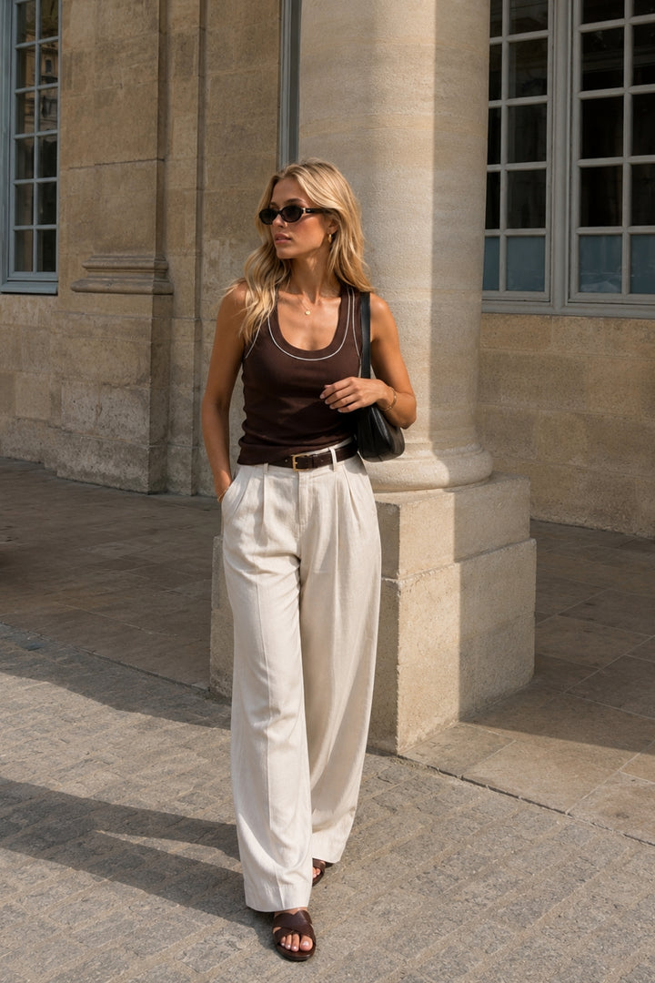 Piping Detail Halter Neck Brown White Blouse 
