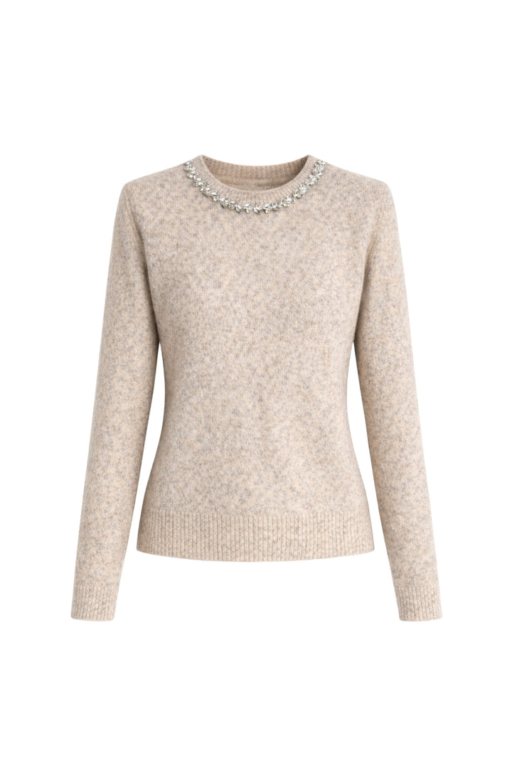 Yaka Taş İşlemeli Bej Triko Kazak