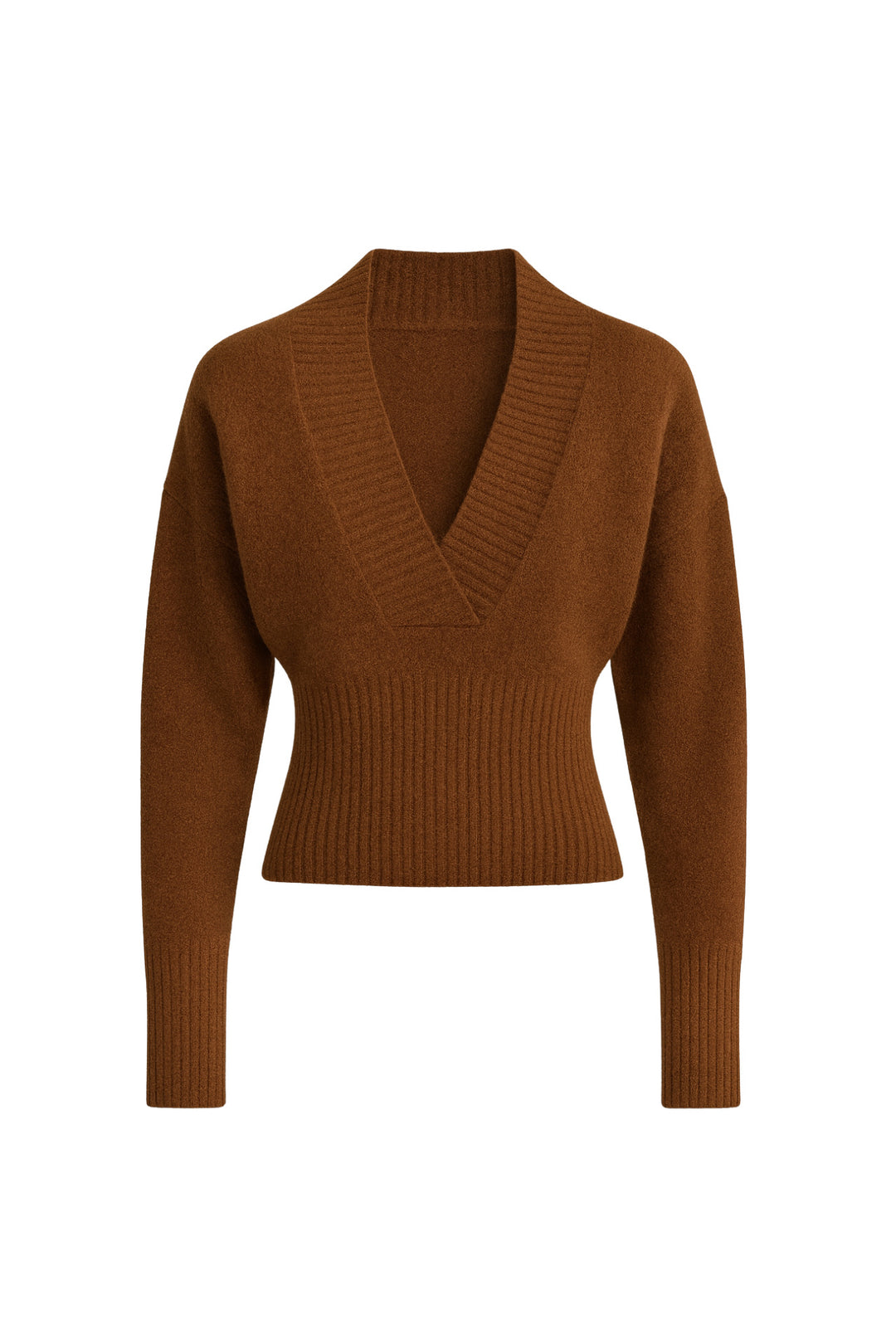 V Yaka Bel Oturtmalı Kahverengi Triko Kazak