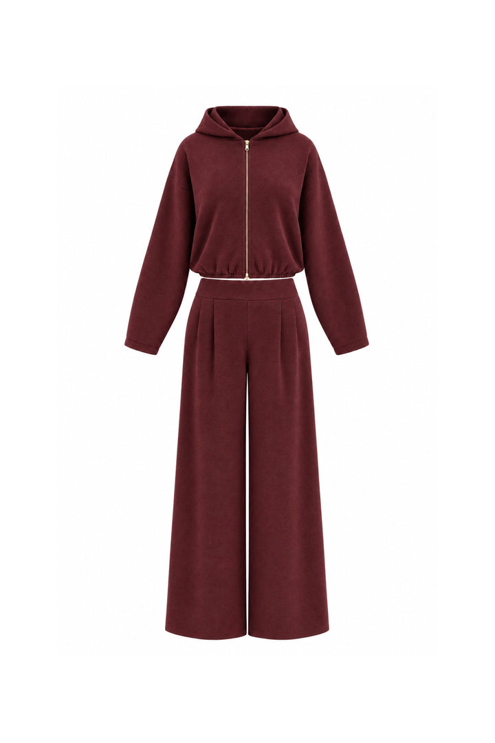 Kapüşonlu Fermuar Detay Hırka Bel Lastikli Eşofman İkili Bordo Takım
