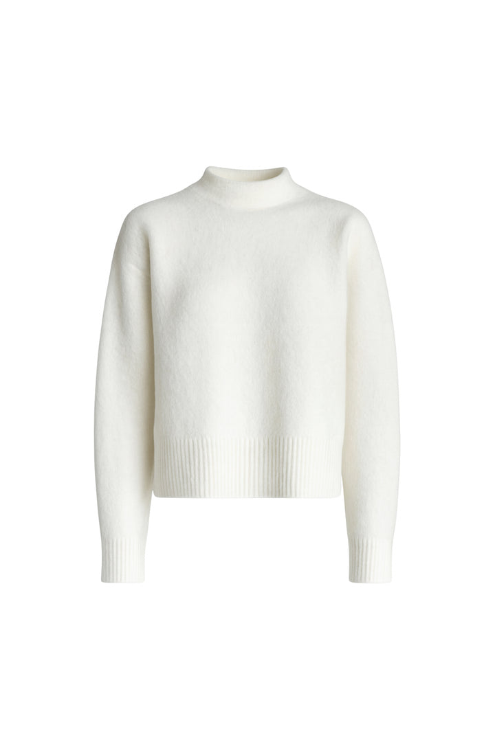 Dik Yaka Yanı Yırtmaçlı Ekru Crop Triko Kazak