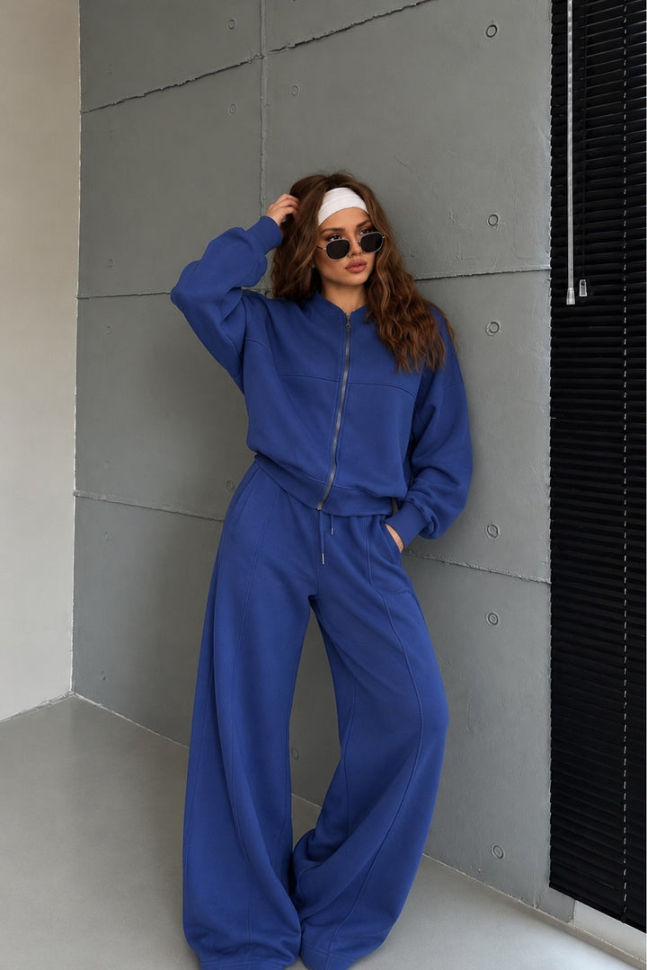 Fermuar Detay Hakim Yaka Sweatshirt Eşofman Saks İkili Takım