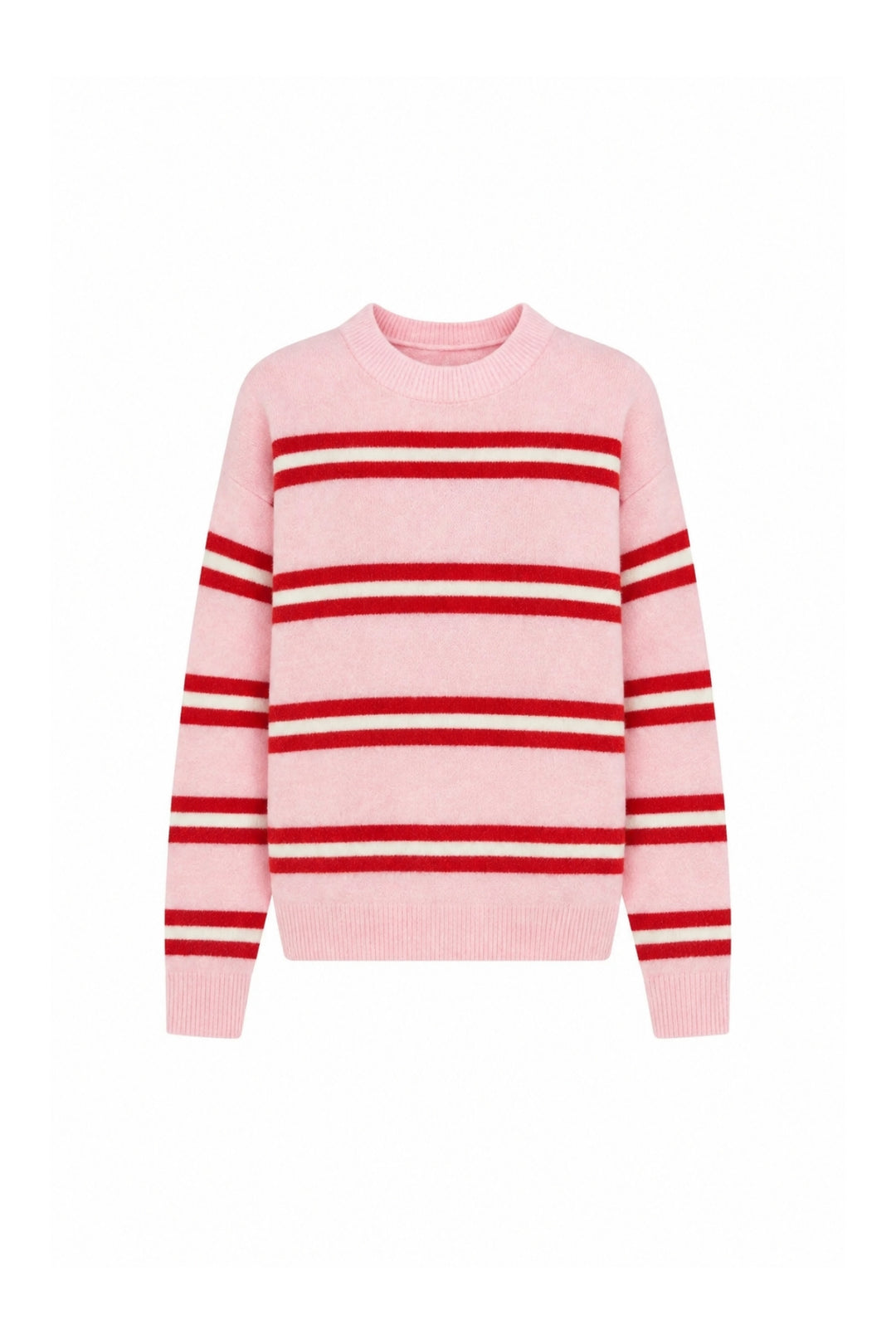Çizgili Bisiklet Yaka Oversize Pembe Triko Kazak