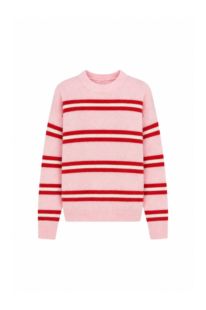 Çizgili Bisiklet Yaka Oversize Pembe Triko Kazak