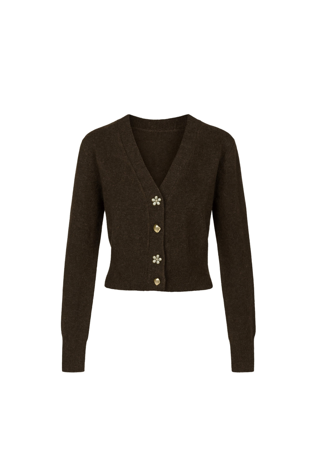 V Yaka Aksesuar Detay Kahverengi Triko Hırka