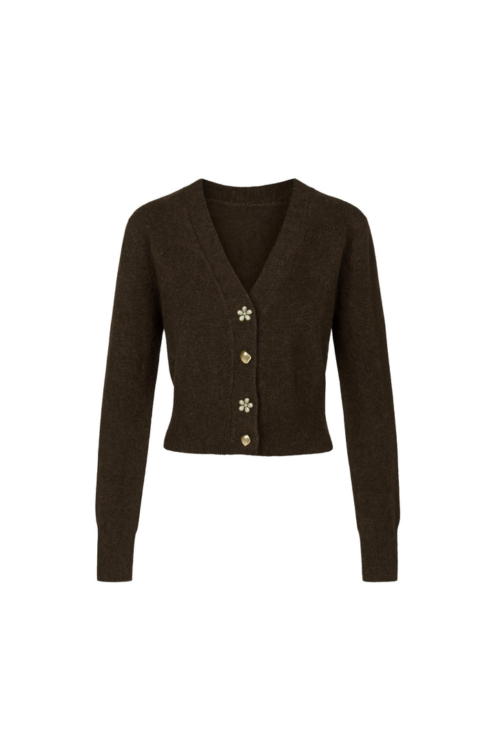 V Yaka Aksesuar Detay Kahverengi Triko Hırka