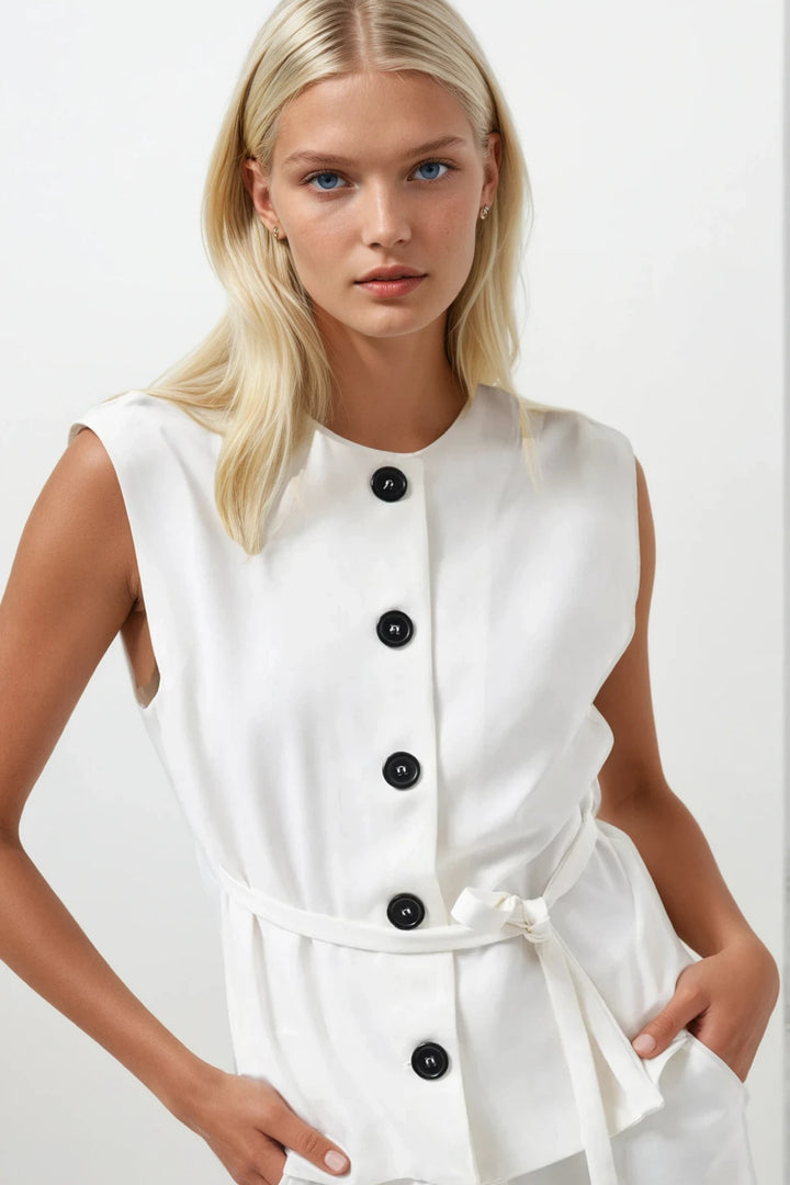 Kuşaklı Dokuma Beyaz Yelek