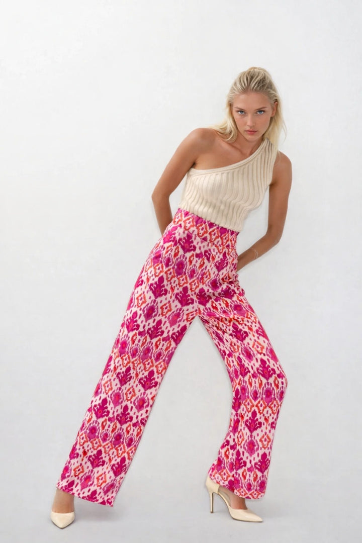 Desenli Saten Pembe Pantolon