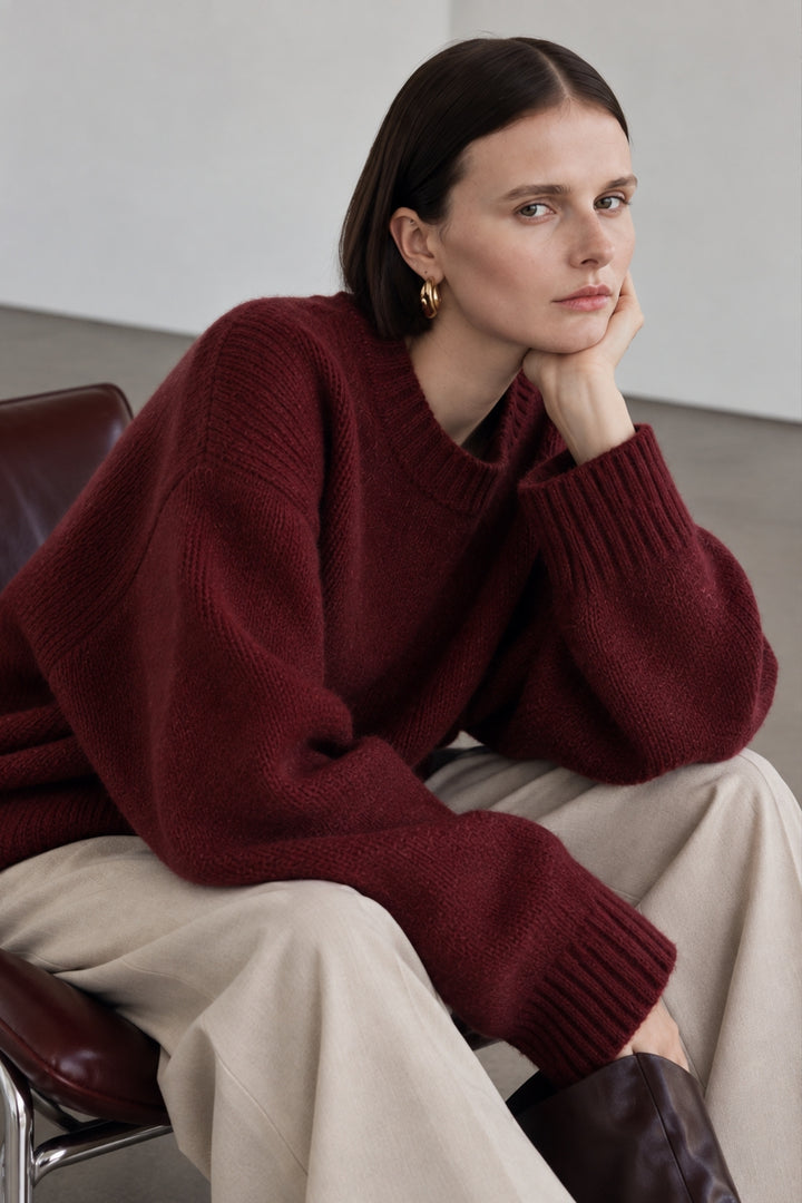 Crew Neck Basic Knit Burgundy Sweater