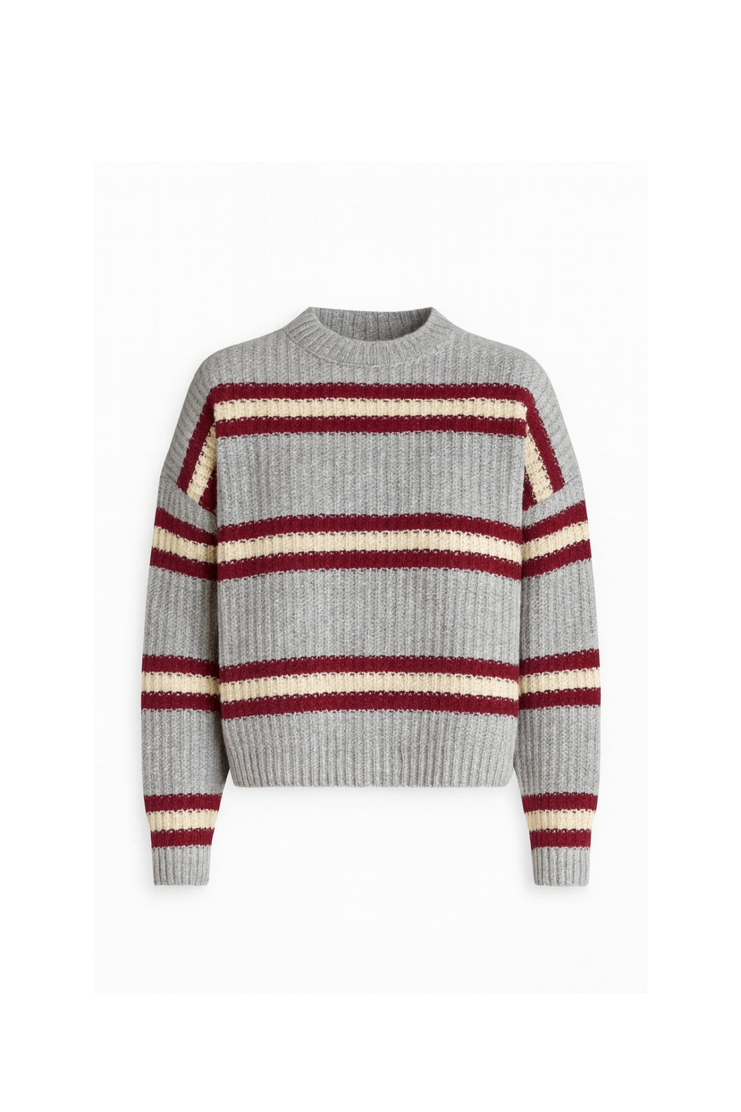 Çizgili Bisiklet Yaka Gri Triko Kazak