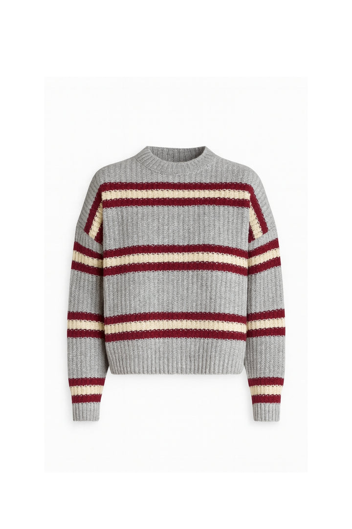 Çizgili Bisiklet Yaka Gri Triko Kazak