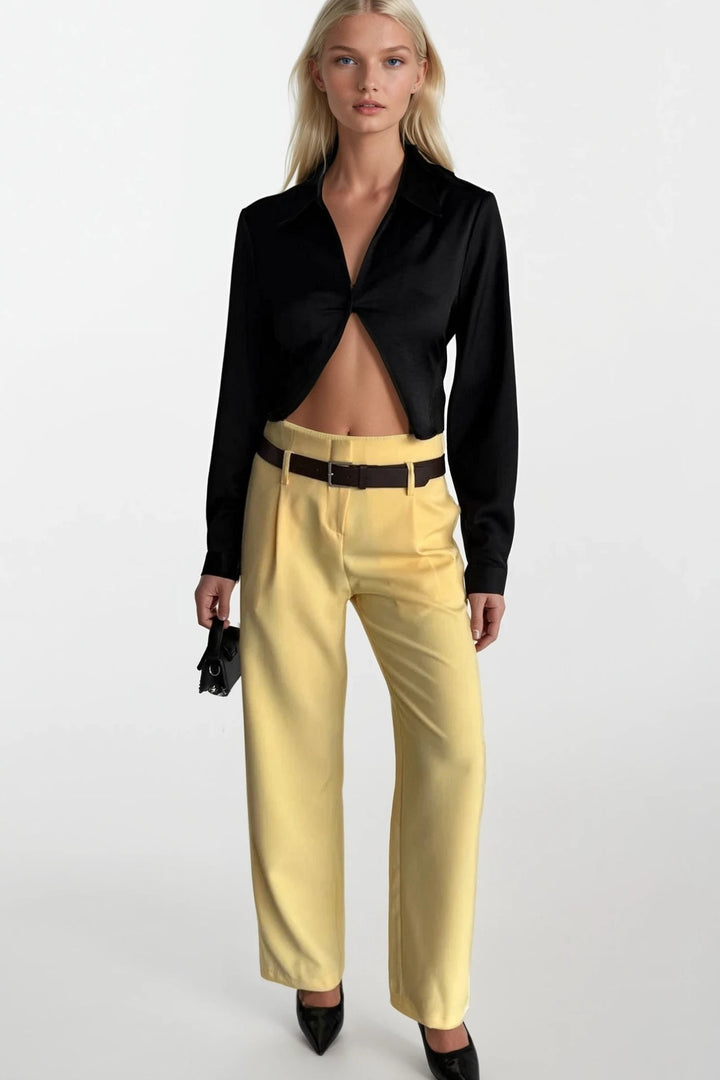 Belt Detail High Waist Yellow Trousers