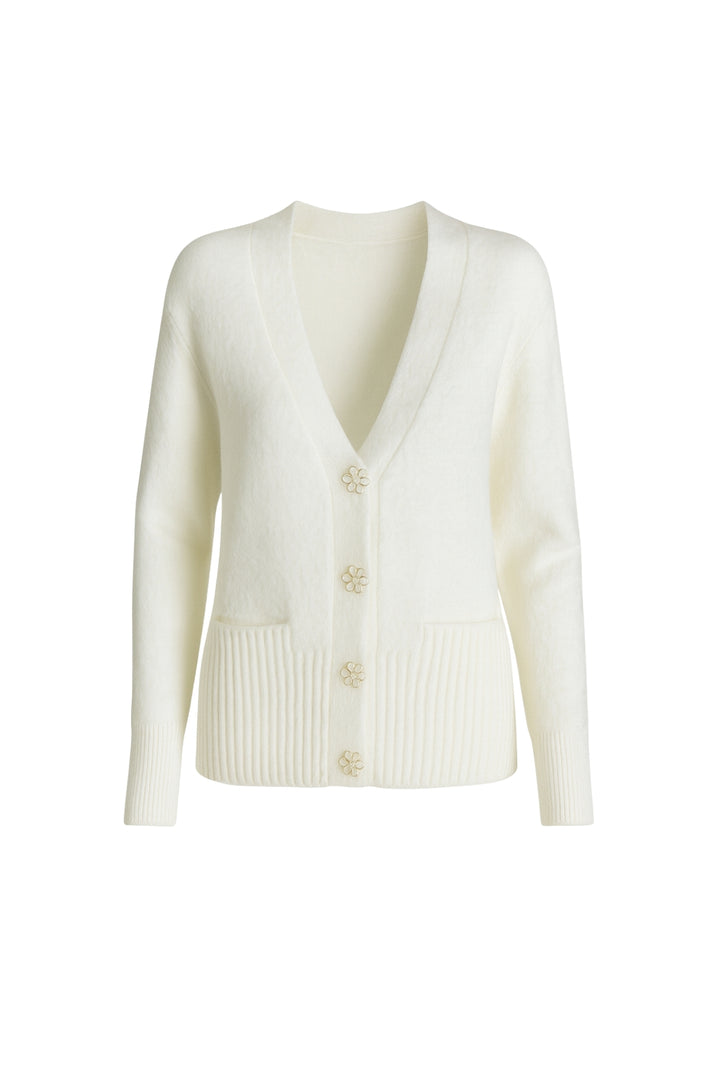 Aksesuar Detay V Yaka Ekru Triko Hırka