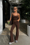 İp Askılı Bluz Wide Leg Pantolon Kahverengi İkili Takım