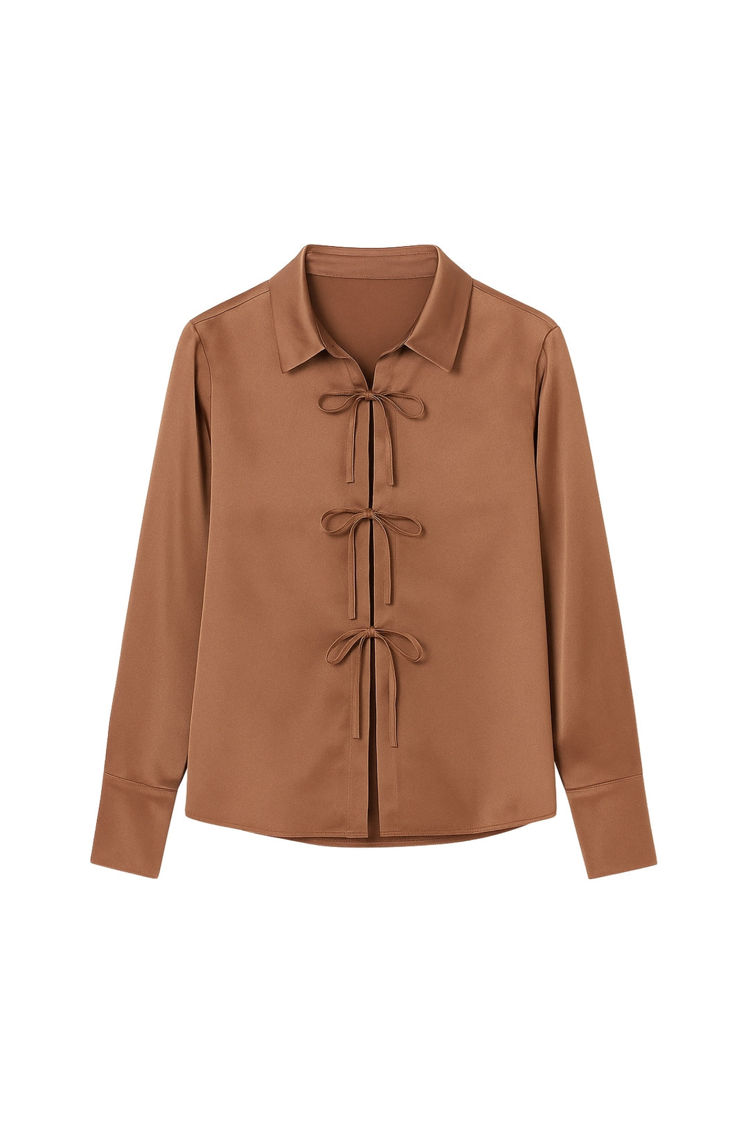 Bağlama Detay Saten Koyu Bej Gömlek
