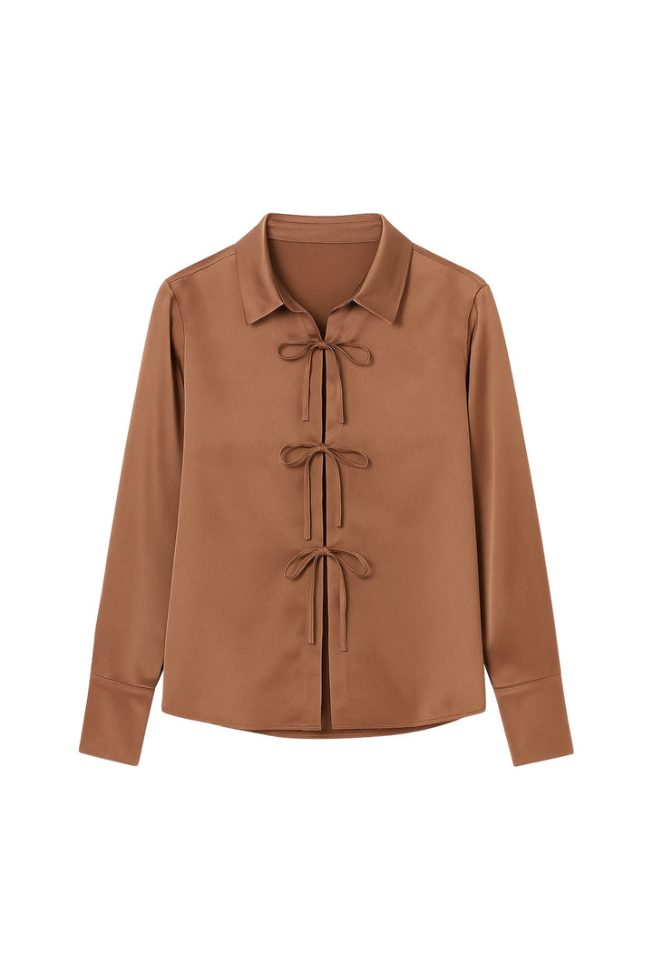 Bağlama Detay Saten Koyu Bej Gömlek