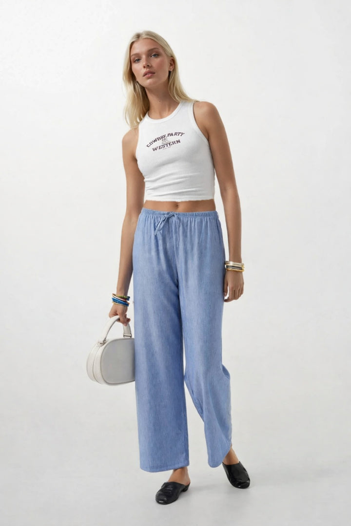 İnce Kemerli Bağcık Detay Açık Mavi Pantolon