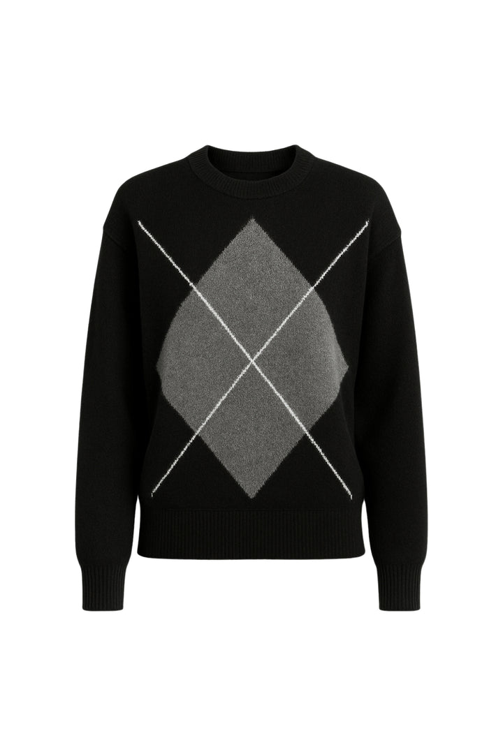 Baklava Desen Bisiklet Yaka Siyah Triko Kazak