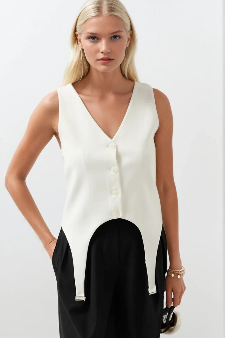 Belt Detail V Neck White Vest 