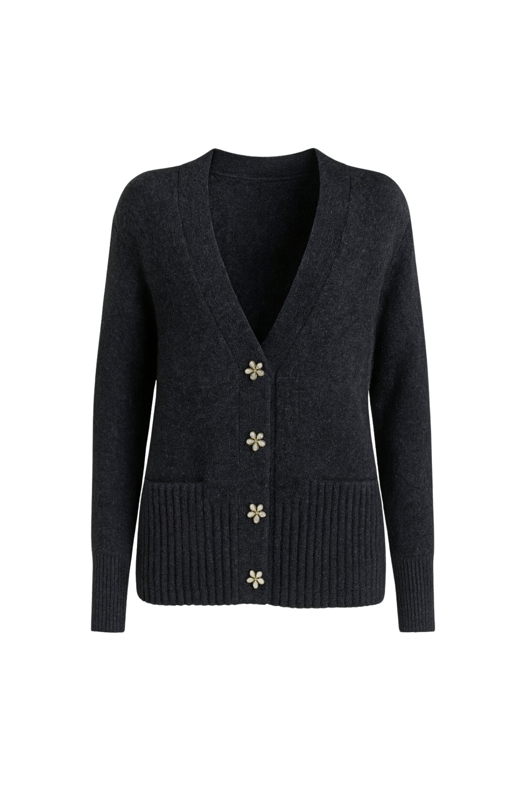 Aksesuar Detay V Yaka Antrasit Triko Hırka