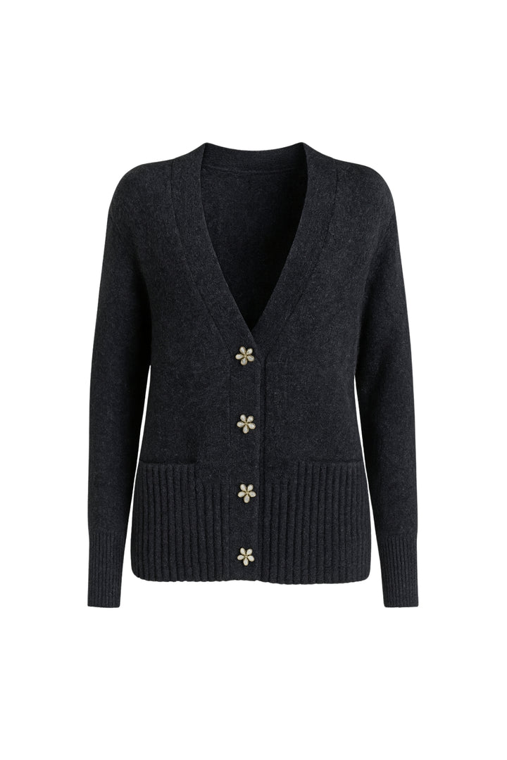 Aksesuar Detay V Yaka Antrasit Triko Hırka