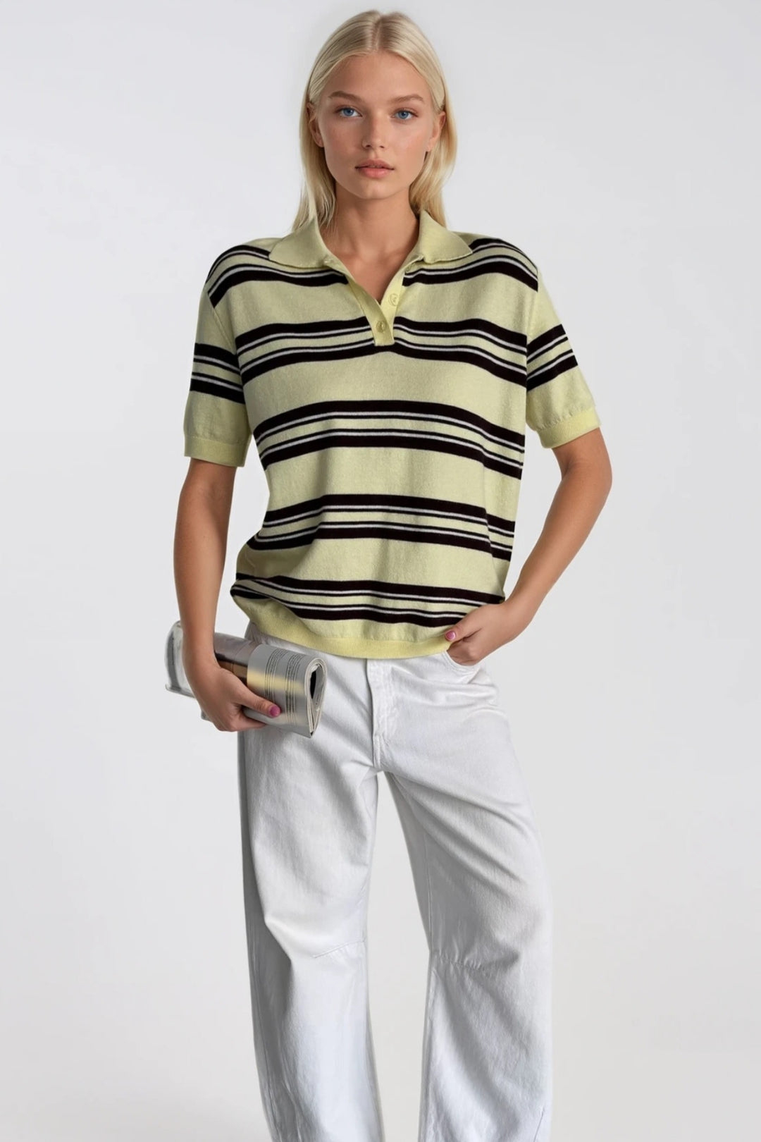 Çizgili Polo Yaka Sarı Triko Bluz