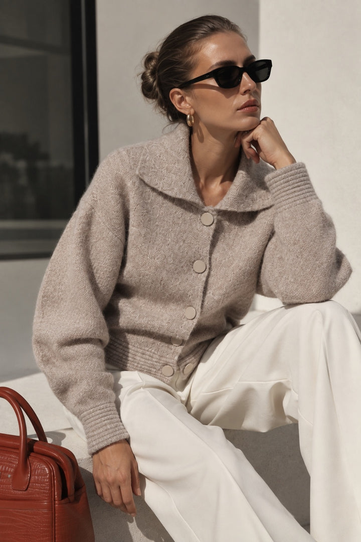 Polo Collar Button Detail Beige Knit Cardigan