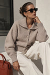 Polo Collar Button Detail Beige Knit Cardigan